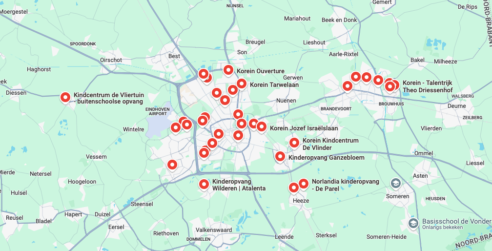 Kaart met kinderopvanglocaties die meedoen met Van Alle Talen Thuis